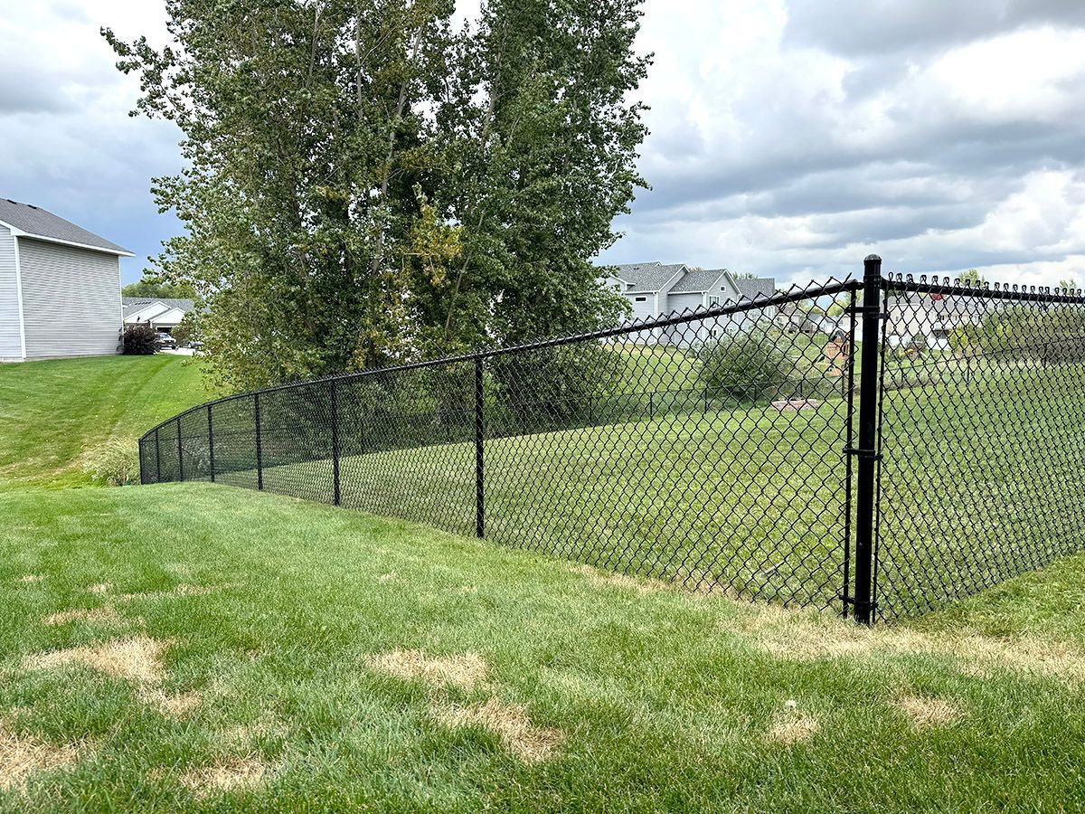 A black chain-link fence encloses a green grassy lawn with large trees and neighboring houses in the background.