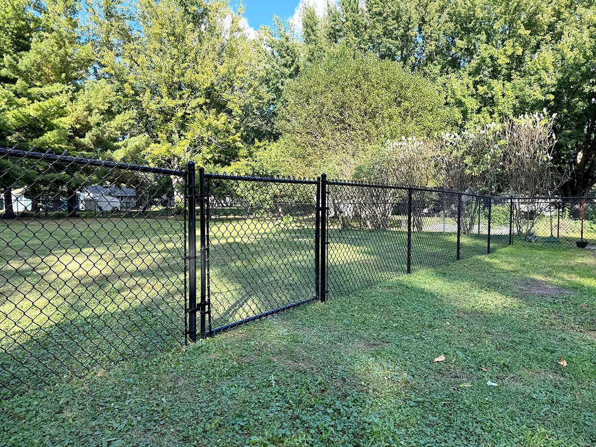 A black chain-link fence with a closed gate runs across a grassy yard surrounded by green trees on a sunny day.