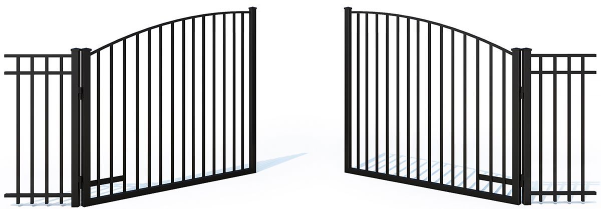 A pair of open, arched black metal gates attached to matching fence panels.