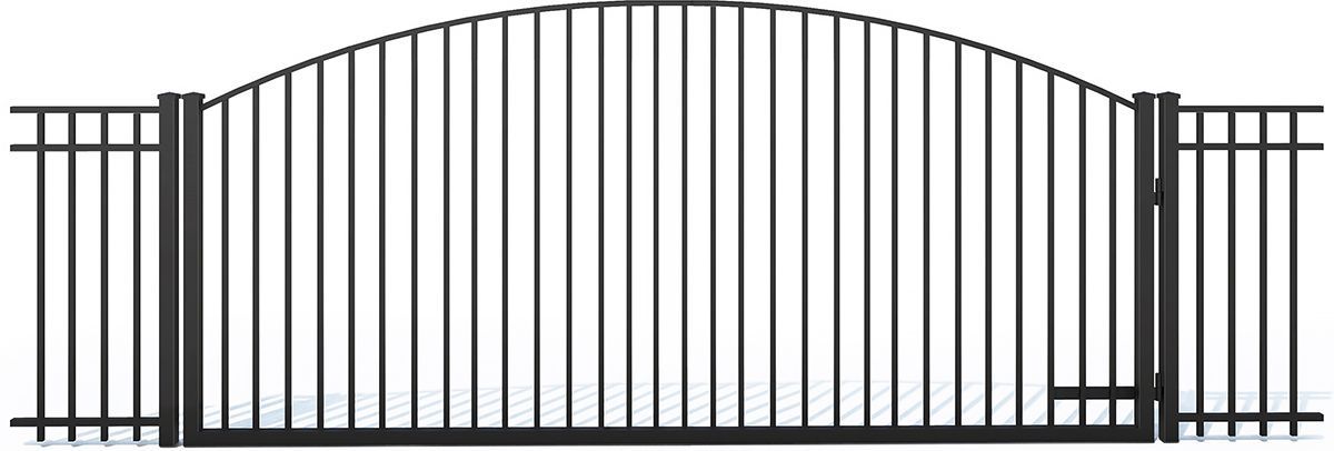 A black metal gate with a curved top, featuring vertical bars, set between matching fence panels.
