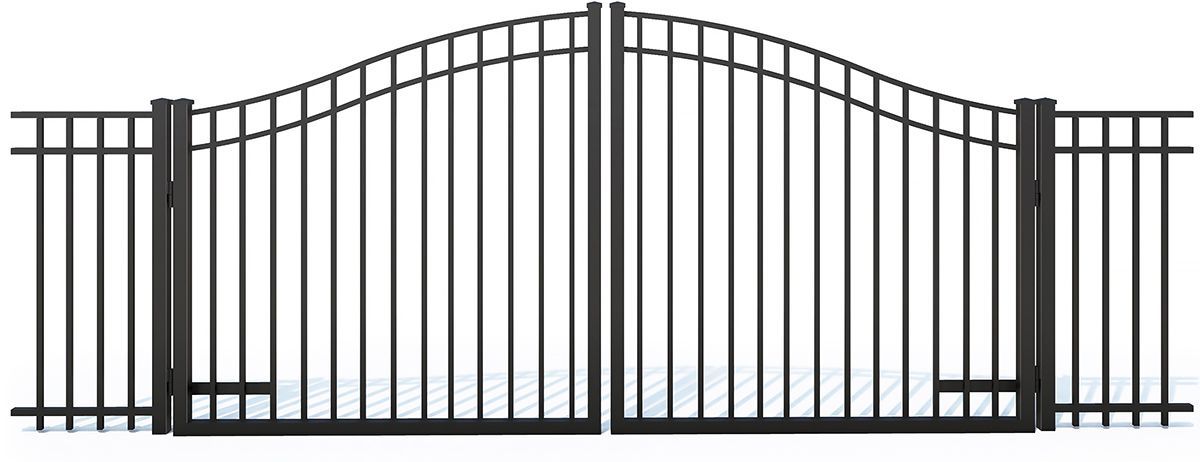 A black metal double-swing driveway gate with an arched top, flanked by matching fence panels on either side.