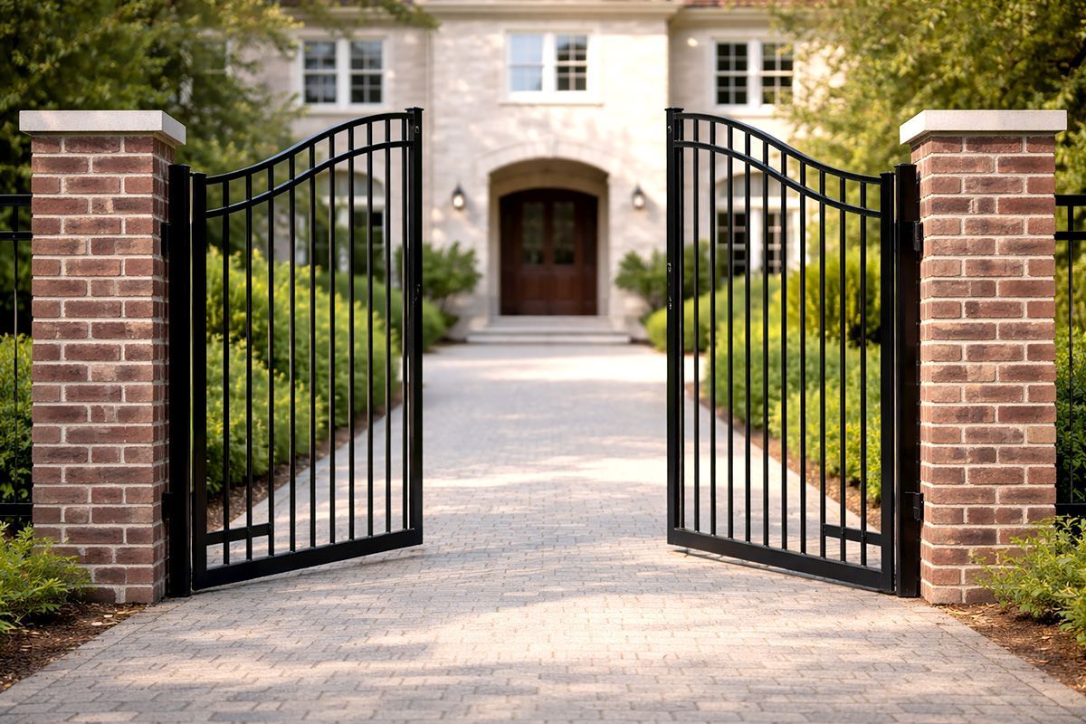 A pair of open black wrought-iron gates standing between two brick pillars leading to a house entrance.