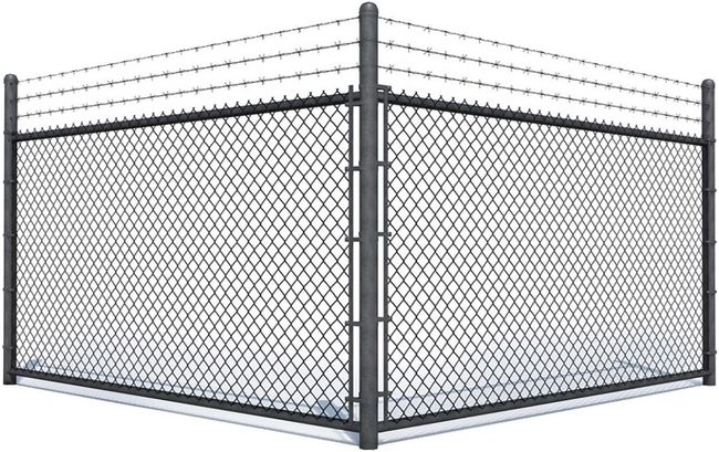 A corner section of a black chain-link fence topped with three strands of barbed wire against a white background.