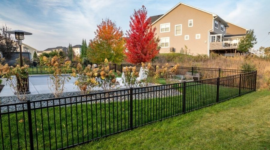 Black metal ornamental pool safety fence in a suburban Maple Grove, MN backyard.