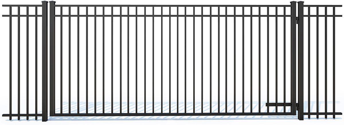 A black metal gate with vertical bars set within a matching section of decorative picket fencing.