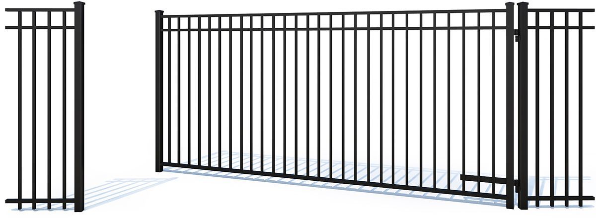 A black metal fence featuring a gate that is partially open.