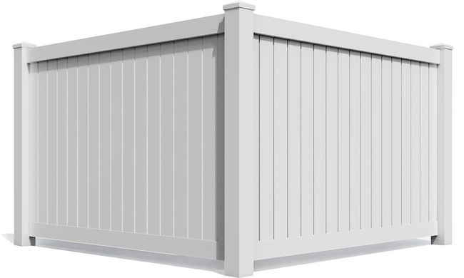 A corner section of a white, solid-panel vinyl privacy fence with three vertical posts and flat post caps.