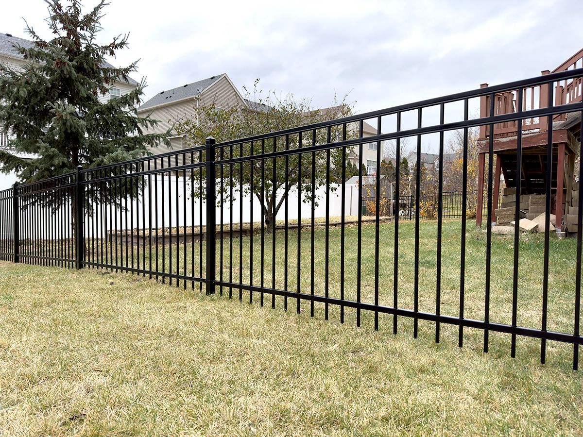 A tall, black metal fence stands in a grassy backyard near a residential deck and a coniferous tree under a cloudy sky.