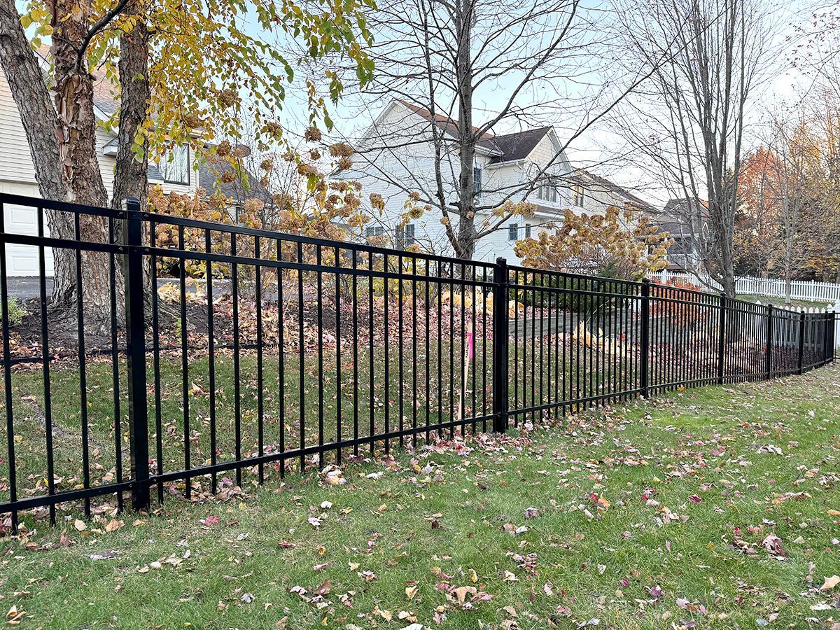 A black metal fence stretches across a grassy residential yard in autumn, with trees and houses in the background.