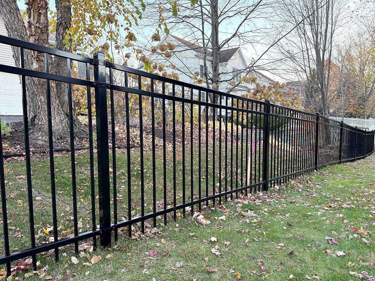 A black metal picket fence stretches across a lawn covered with autumn leaves, with a house visible in the background.