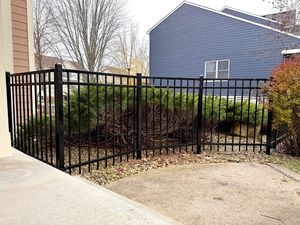 A black metal fence encloses a landscaped area with evergreen shrubs next to a concrete patio and a blue house.