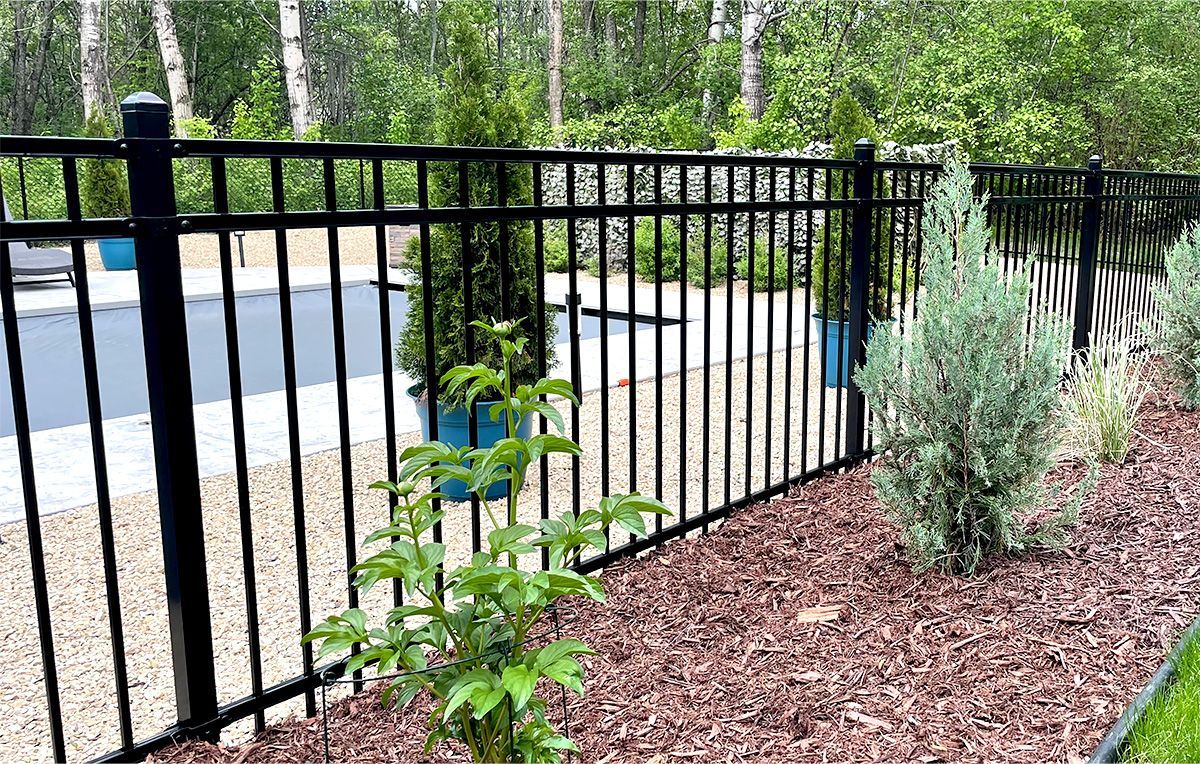 A black metal fence surrounds a backyard pool area with landscaping, evergreen shrubs, and mulch.