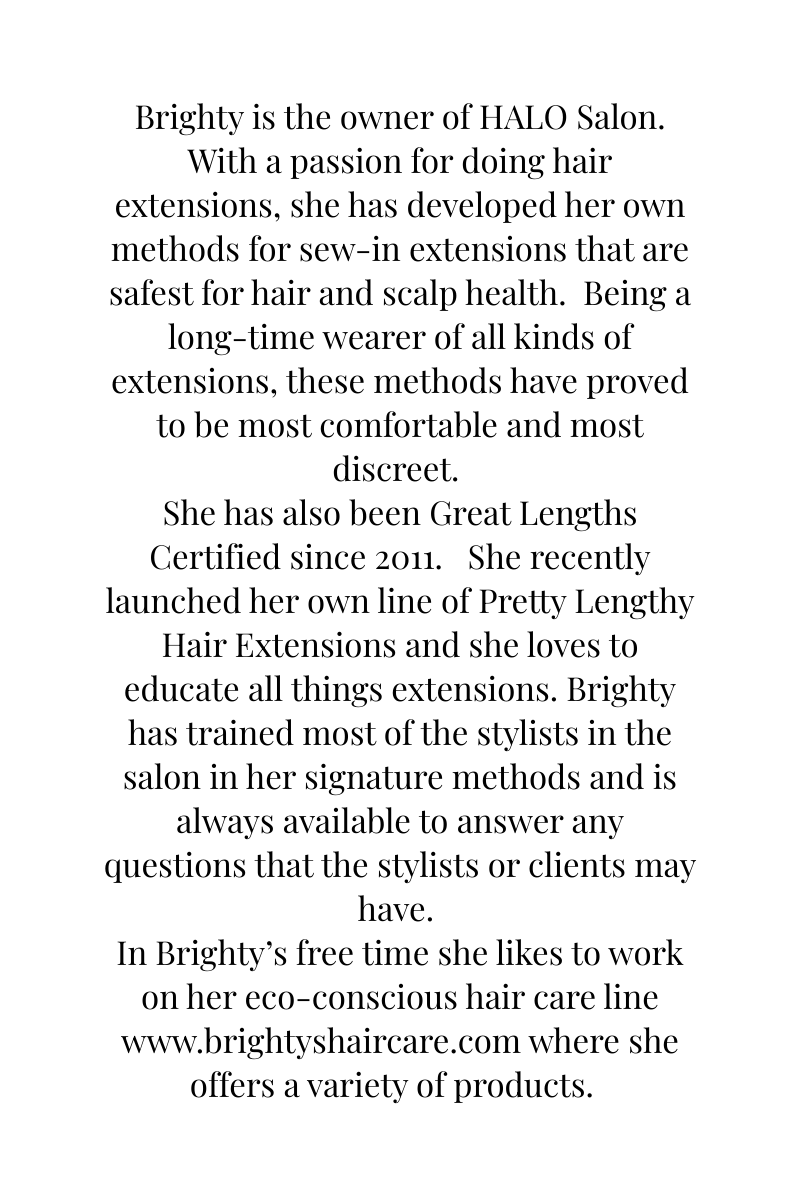 Text describing Brighty, owner of HALO Salons, and her passion for hair extensions.