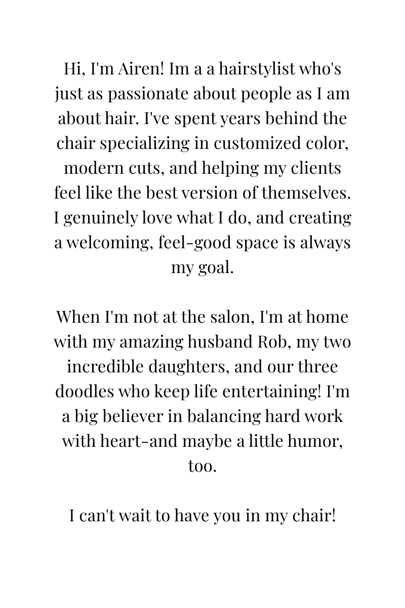 Text: Airen, a hairstylist, introduces herself. She specializes in color and cuts. She loves creating a welcoming space.