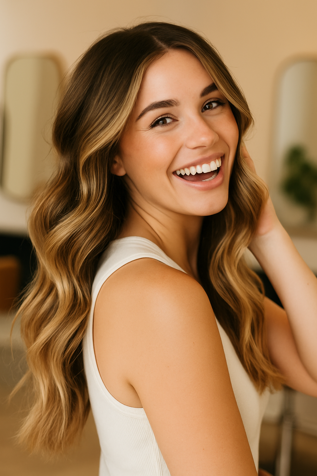 Woman with long, wavy brown hair smiles widely; highlighting her teeth. She wears a white top in a room with mirrors.