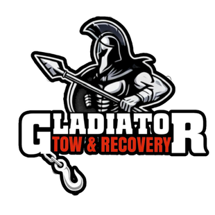 Gladiator Tow & Recovery logo with a black armored warrior and tow hook on white background