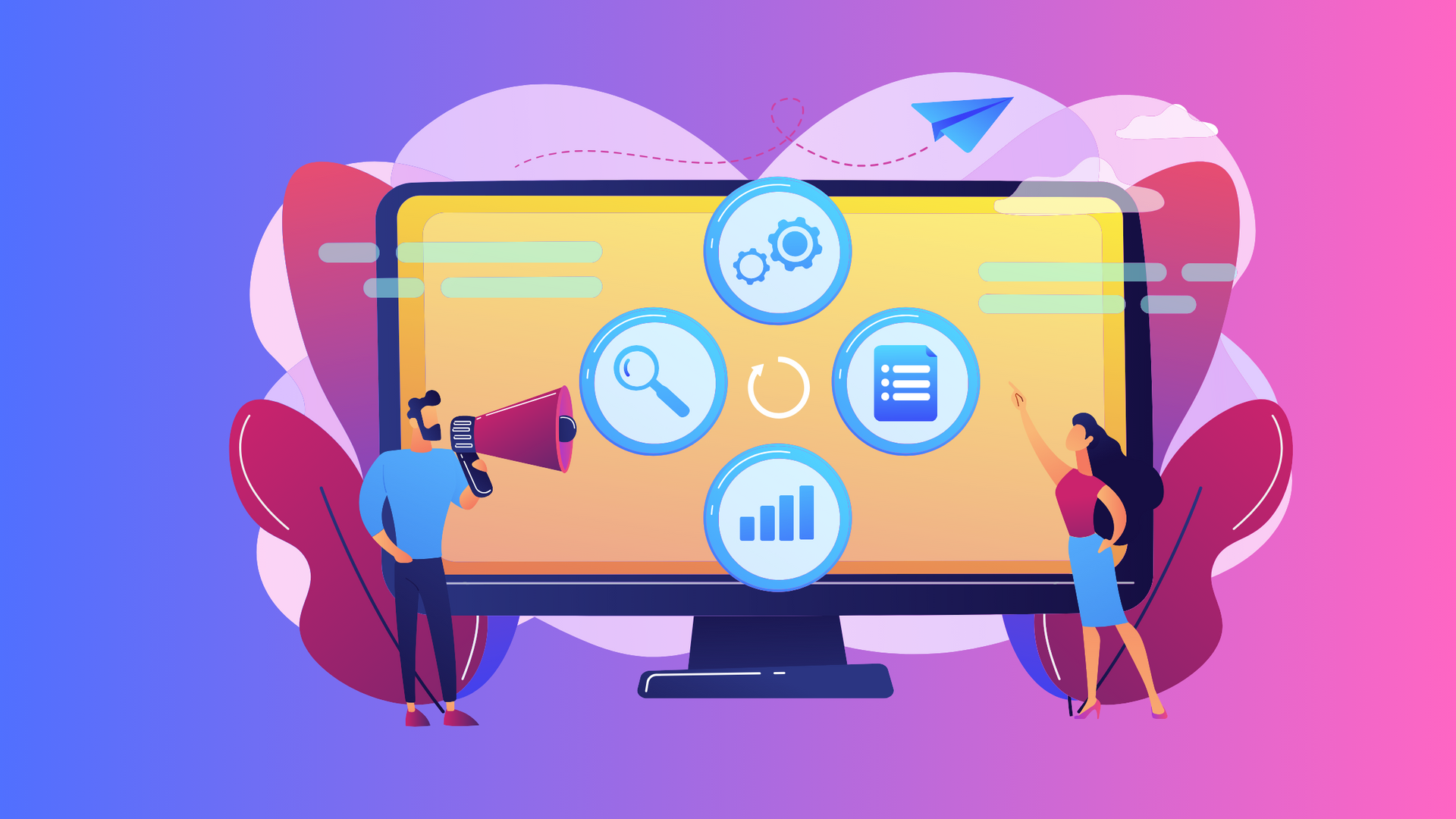 Vector Illustration of a man is holding a megaphone in front of a computer monitor