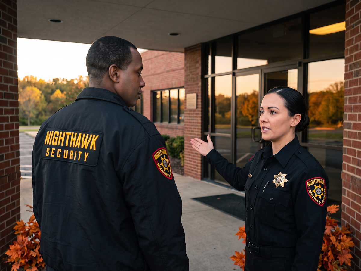 Two Nighthawk security officers in black jackets talking outside a building entrance