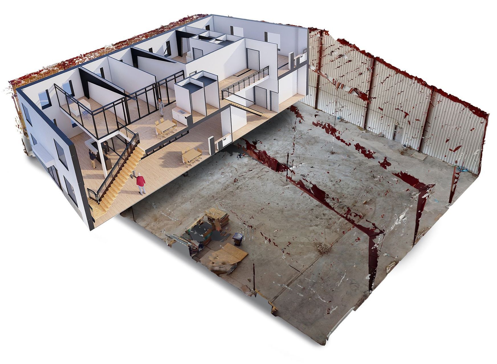 A 3D floor plan view shows a partially constructed building with finished interior rooms above a raw concrete space.