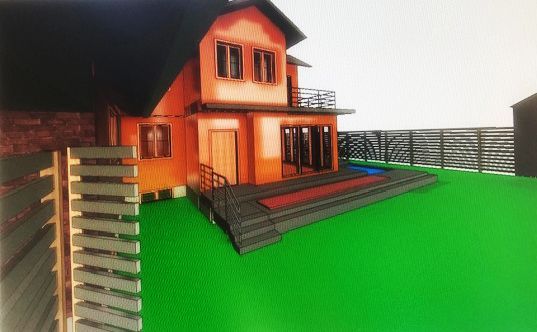A digital architectural rendering of a modern orange house with a deck, a small pool, and green lawn in a backyard.