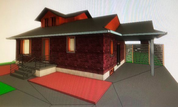 A 3D digital rendering of a small single-story house with dark red siding, a gabled roof, and an attached carport.
