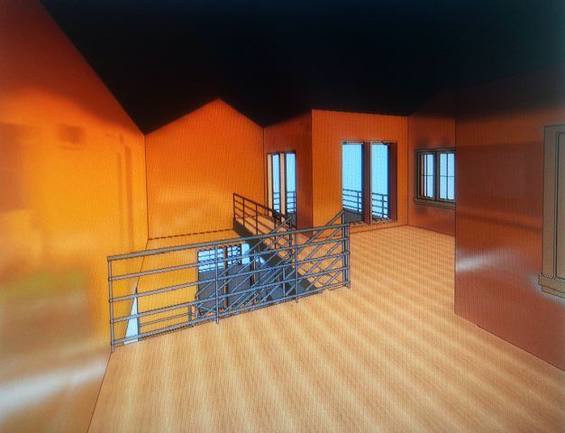 A digital architectural render of a lofted interior with orange walls, wood floors, a metal railing, and large windows.
