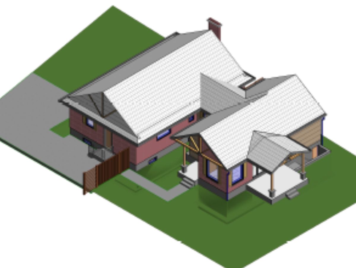 A 3D digital architectural model of a one-story brick and siding house with a white roof on a grassy lot.