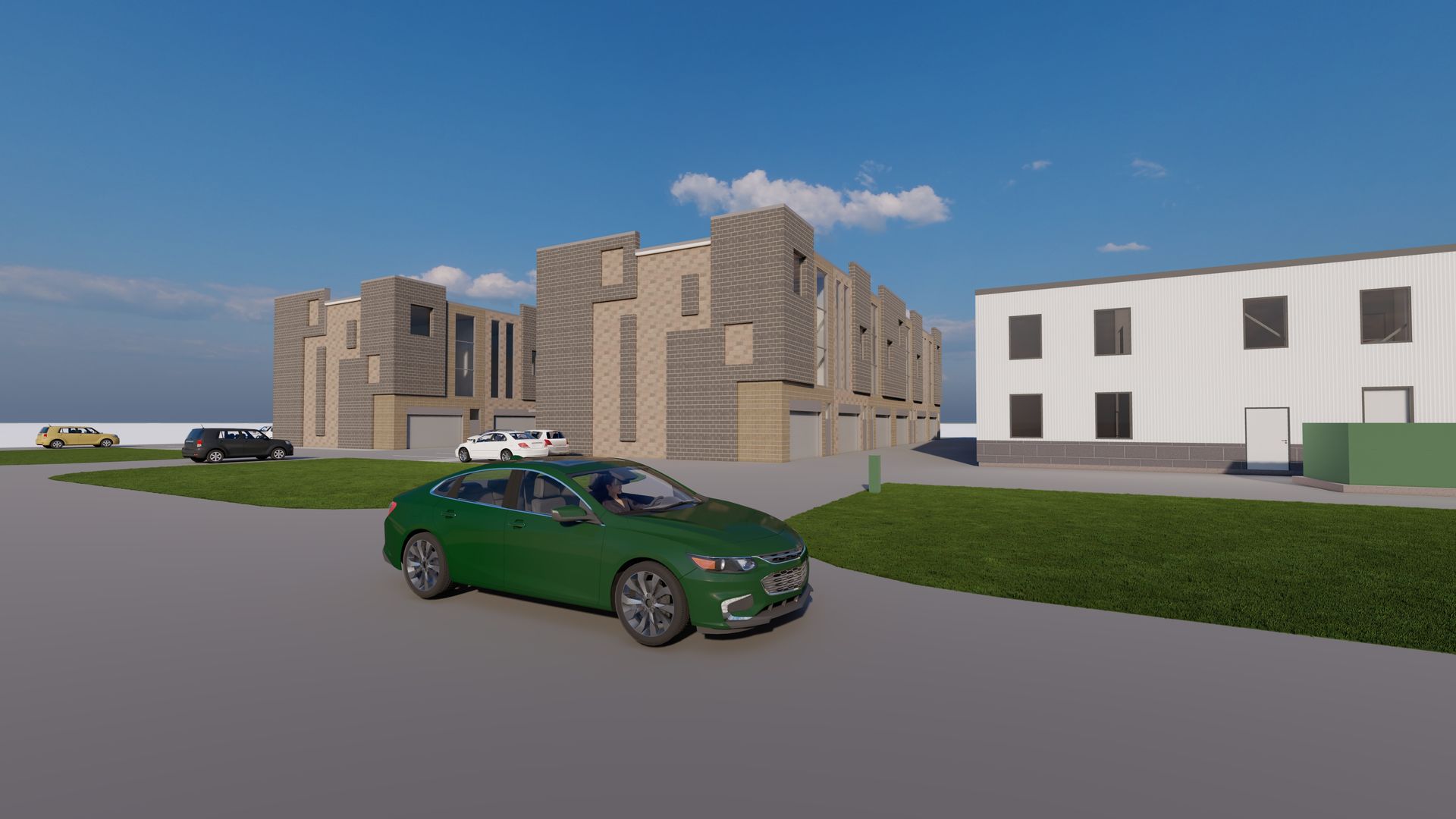 A green sedan parked in front of modern, tiered apartment buildings with light-colored, contemporary architecture.