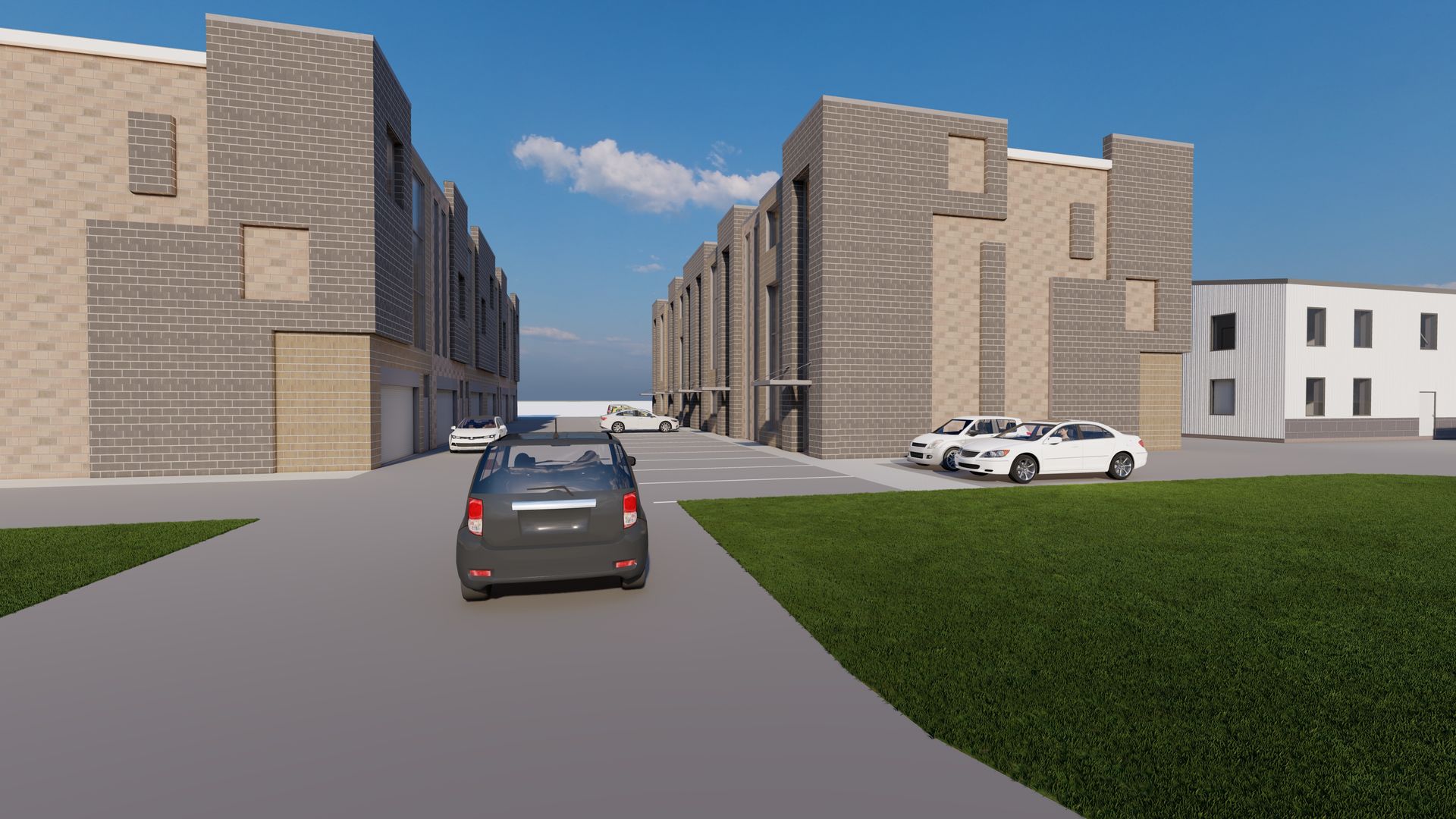 Digital rendering of a residential driveway between two modern, brick-patterned townhomes with cars parked nearby.
