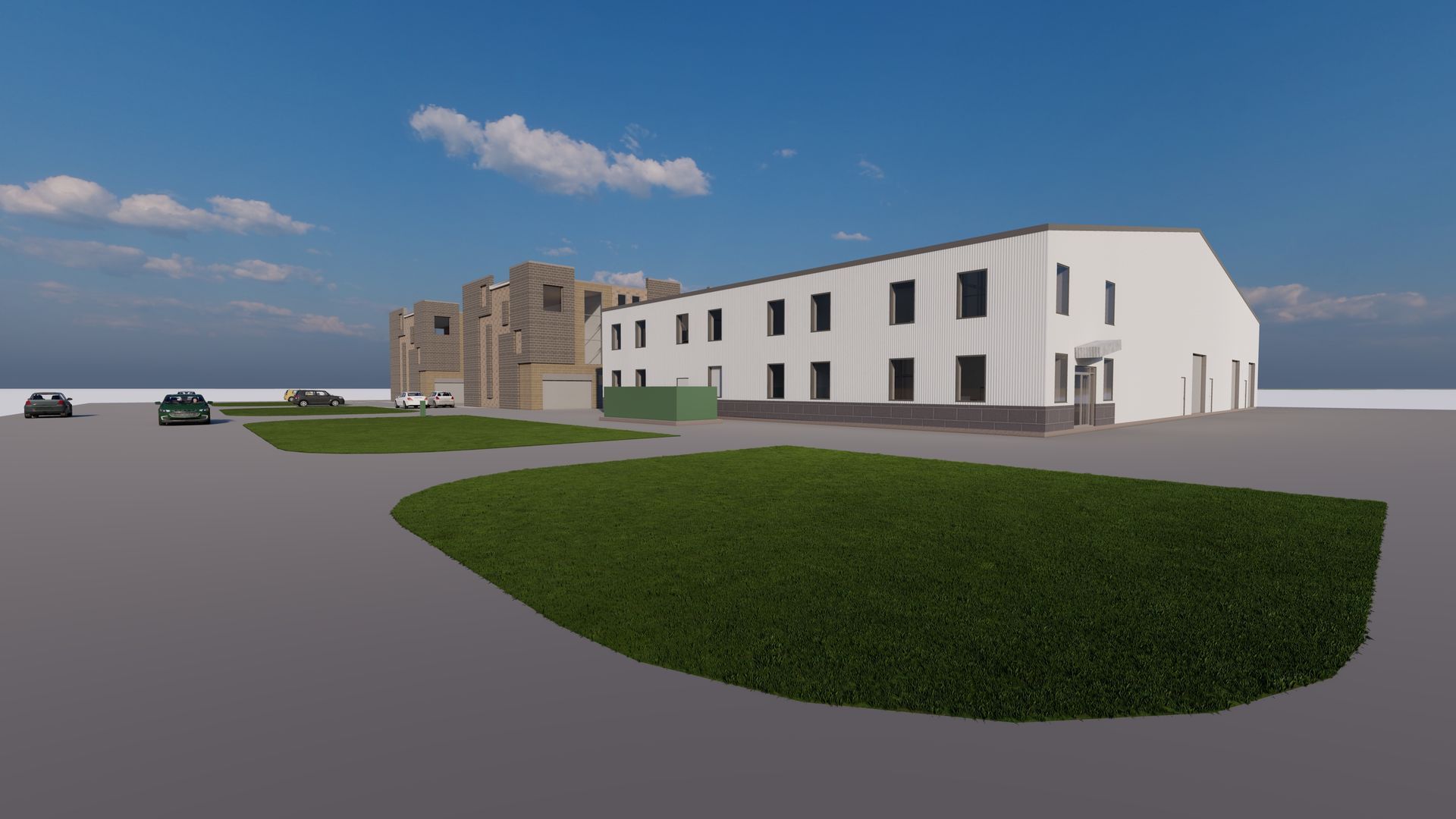 A 3D architectural rendering of a white, two-story building alongside a textured stone structure and green patches.