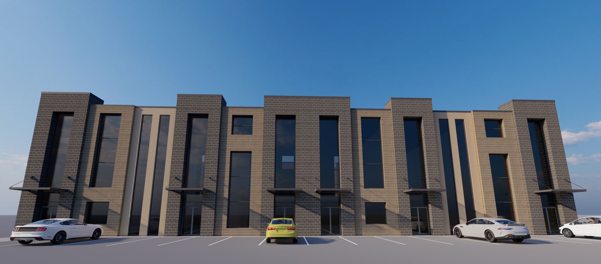 A rendering of a multi-unit, modern brick commercial building with glass paneling under a clear blue sky.