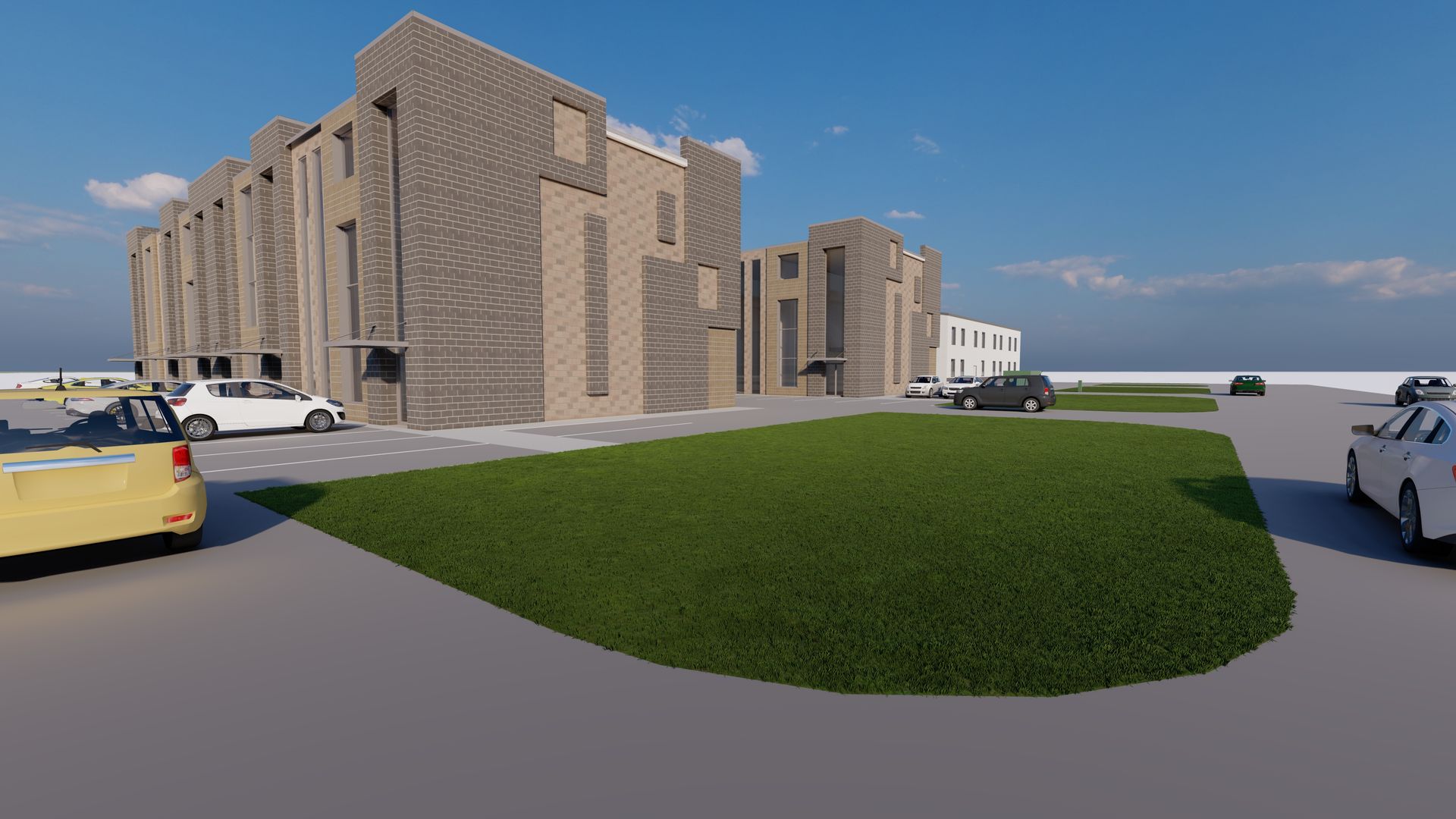 A 3D architectural rendering of modern, multi-story brick buildings with a central grassy courtyard and parked cars.