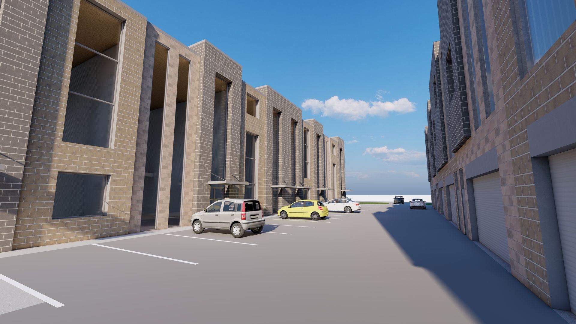 A digital rendering of a paved parking area between modern, multi-story brick residential buildings under a blue sky.