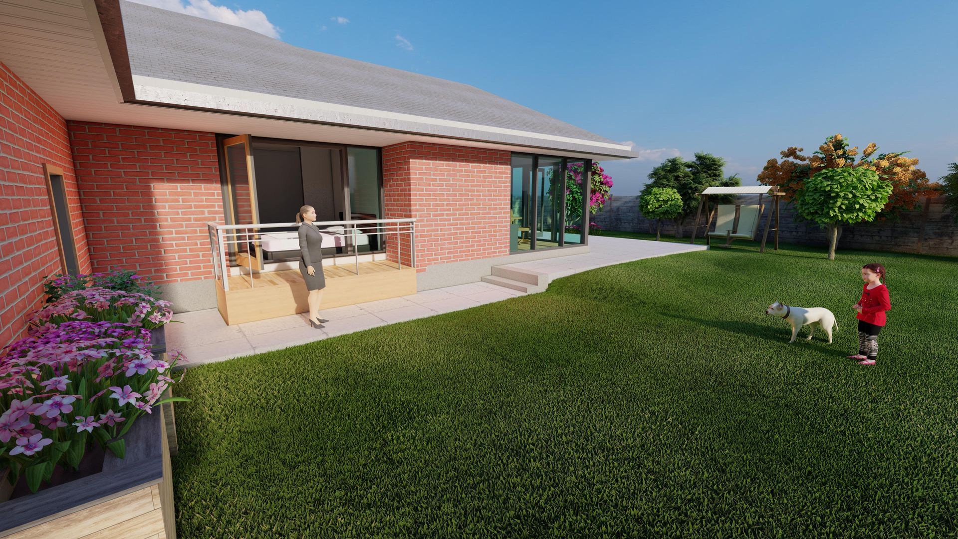 A brick house with a back patio, a grassy yard with a person, a child, and a dog, with flowers in the foreground.