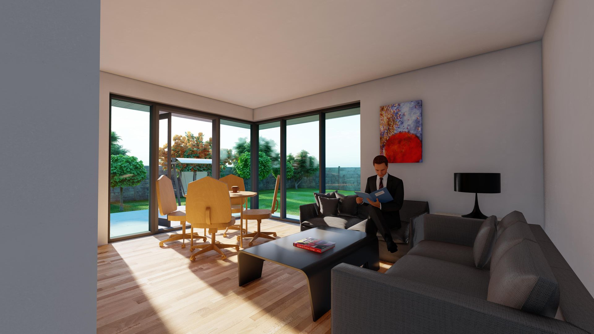 A person sits on a sofa in a sunlit living room with wood floors, a coffee table, a dining area, and large glass windows.