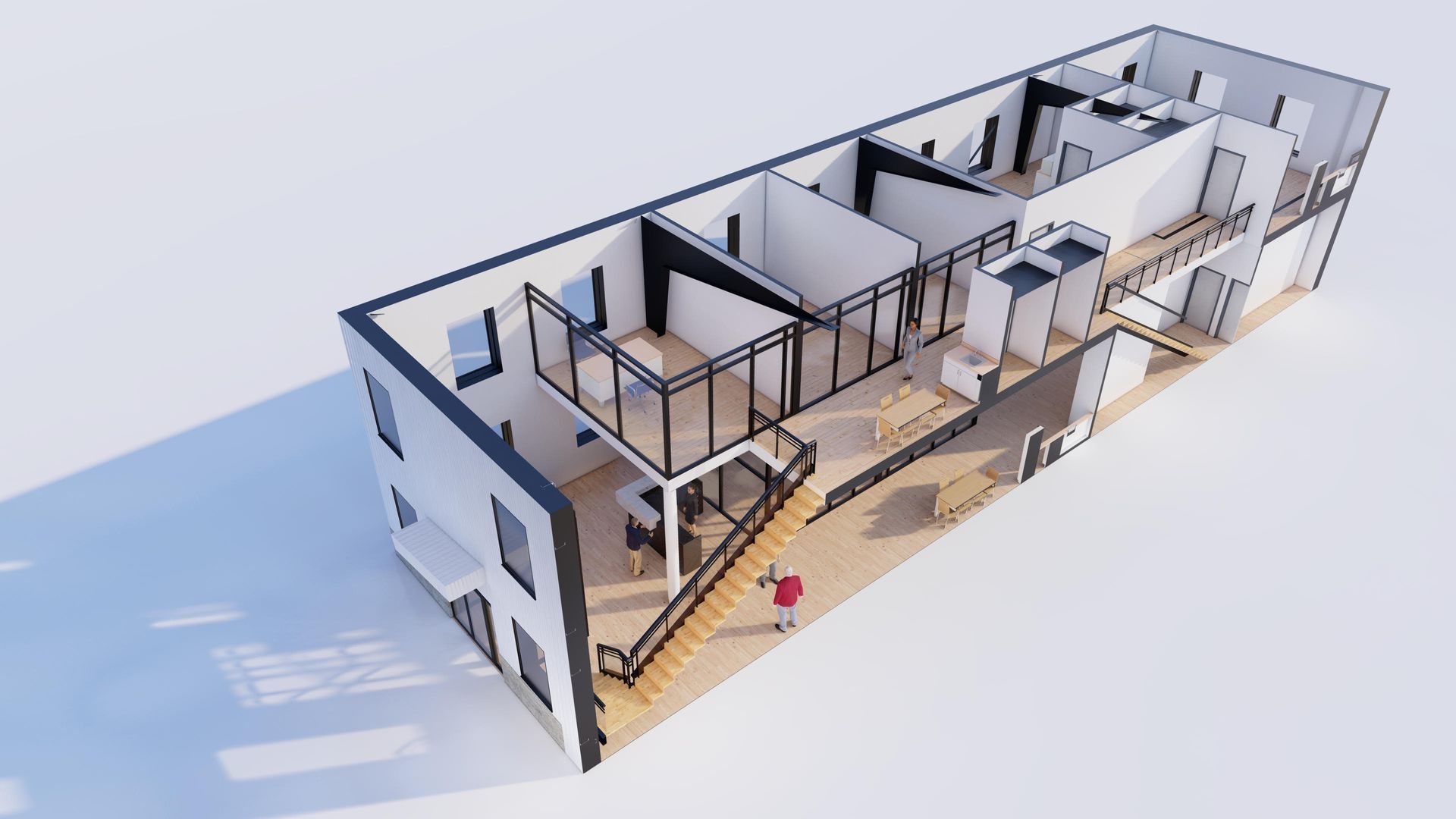 A 3D architectural floor plan of a two-story modern building with an open layout, visible stairs, and white walls.