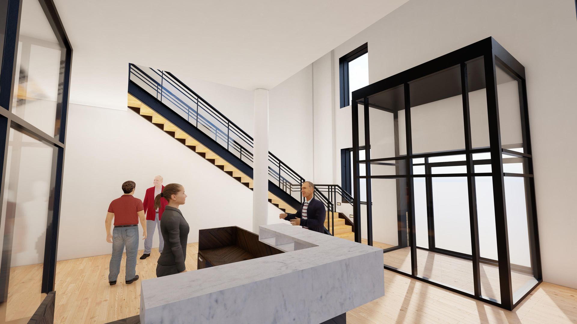 Interior view of a building lobby with a reception desk, staircase, and glass-enclosed elevator.