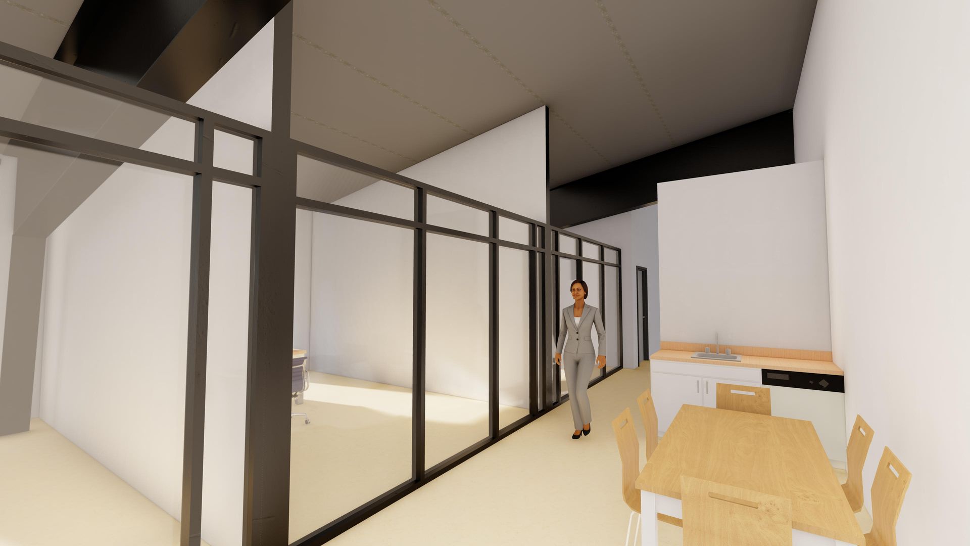 A digital rendering of an office interior with glass-walled rooms, a small kitchen area with a table, and one person.