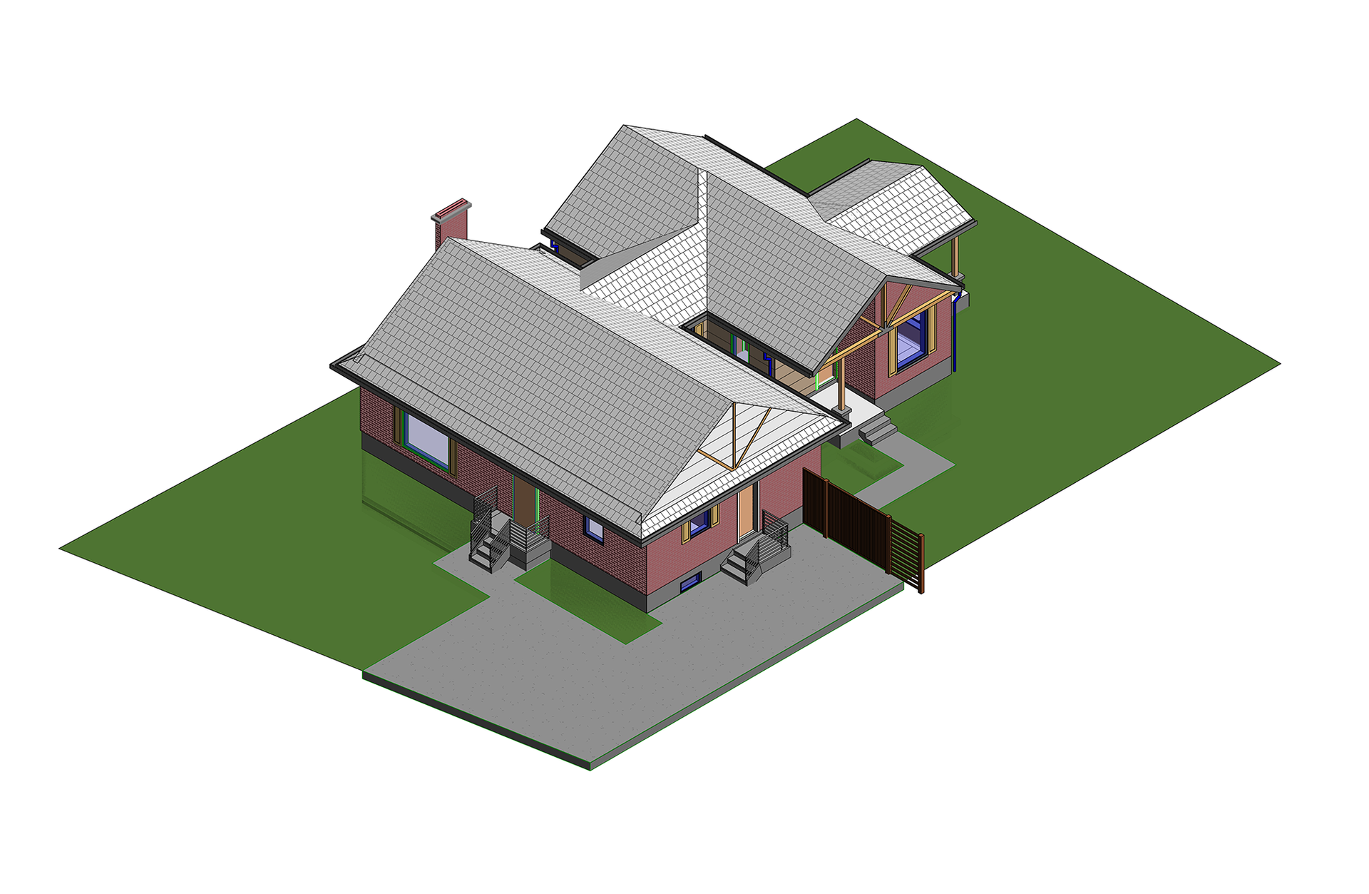 An isometric 3D render of a red single-story house with a white shingled roof, a driveway, and a fenced backyard.