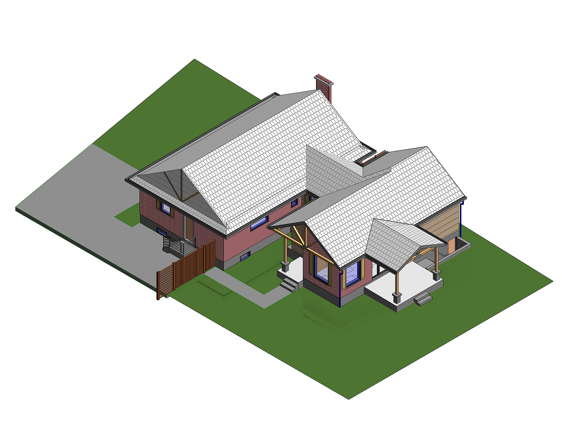 A 3D rendering of a red brick house with a white roof, a front porch, and a fenced-in driveway on a green lawn.