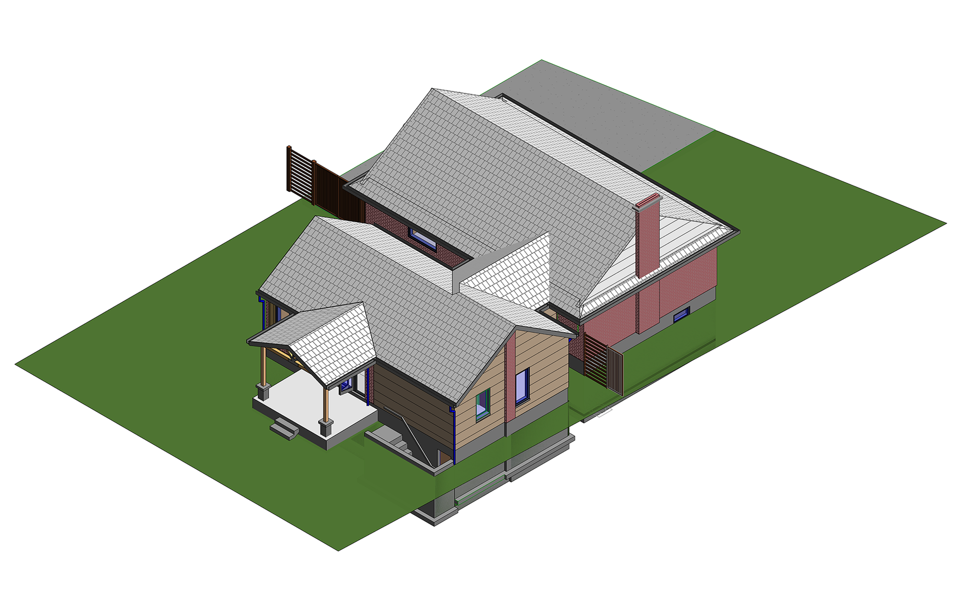 An isometric 3D architectural rendering of a multi-gabled house with a red brick exterior on a grass-covered lot.