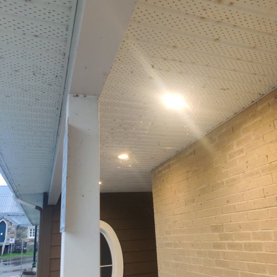 Le plafond d'un bâtiment avec un mur de briques et une fenêtre.