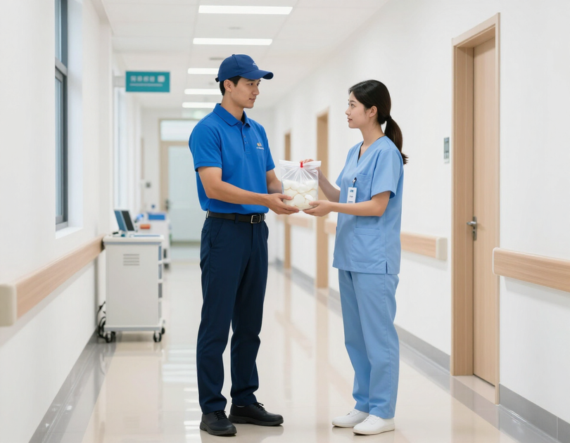 Medical courier handing specimen bag to hospital staff