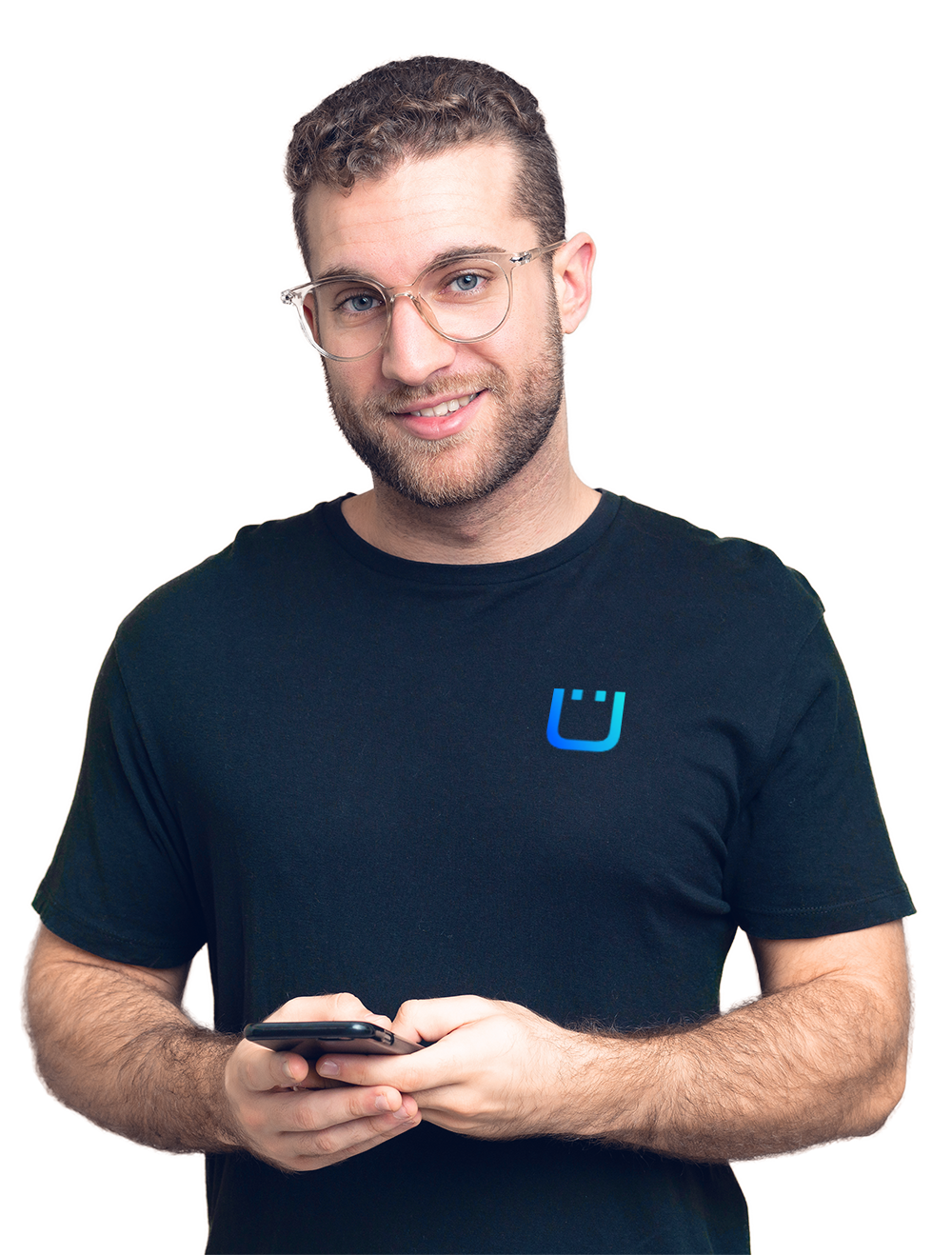 Mann mit BÜTOW-Shirt und Smartphone