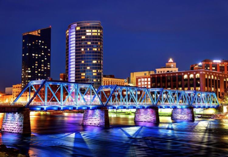 Grand Rapids, Michigan city lights reflecting on the river at night