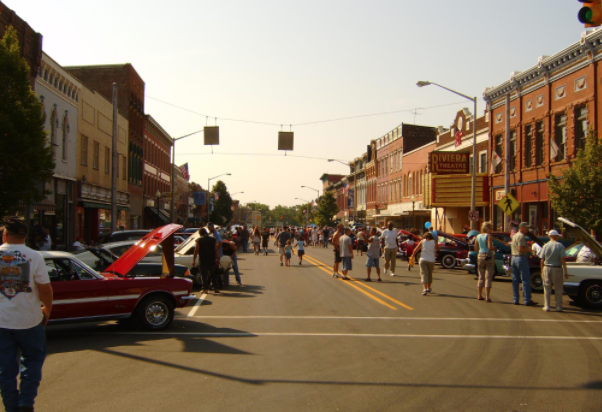 Downtown Three Rivers, Michigan streetscape with local businesses