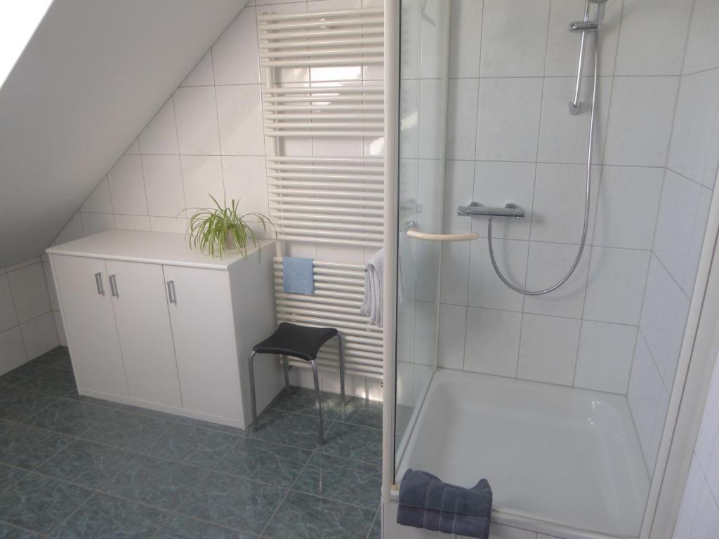 Handtuchtrockner und Dusche im Badezimmer