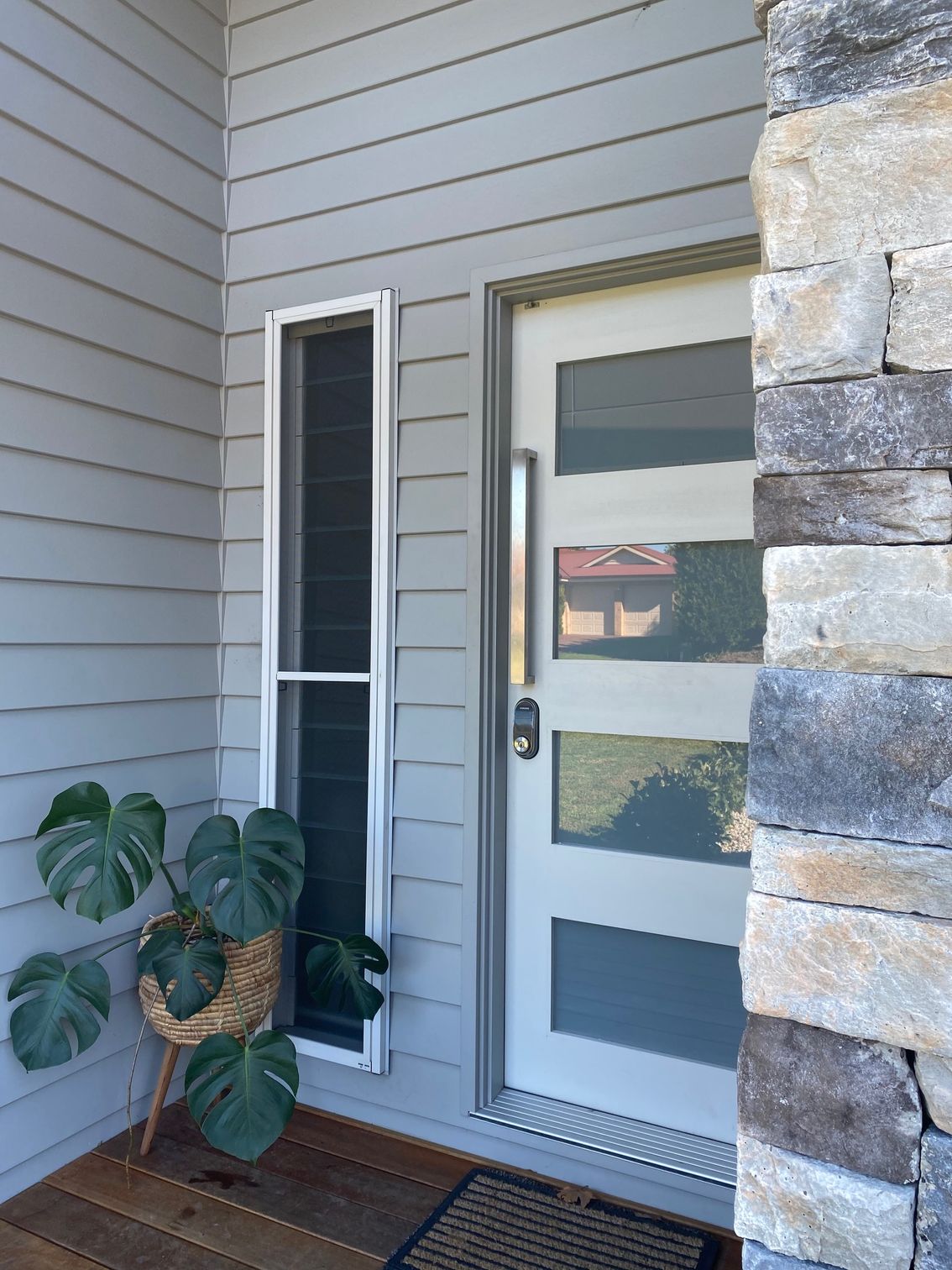 Exterior view of a modern entry with a white door, large side window, and potted plant.