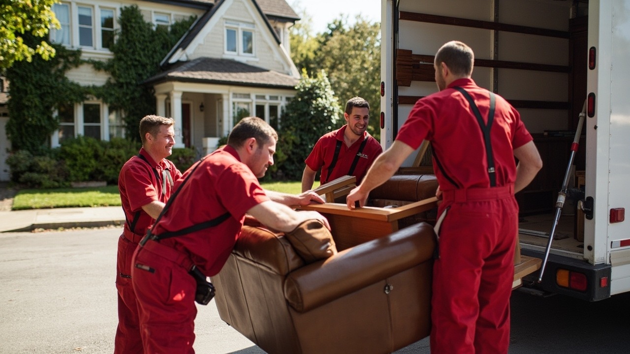 Eine Gruppe Männer trägt ein Sofa aus einem Umzugswagen.