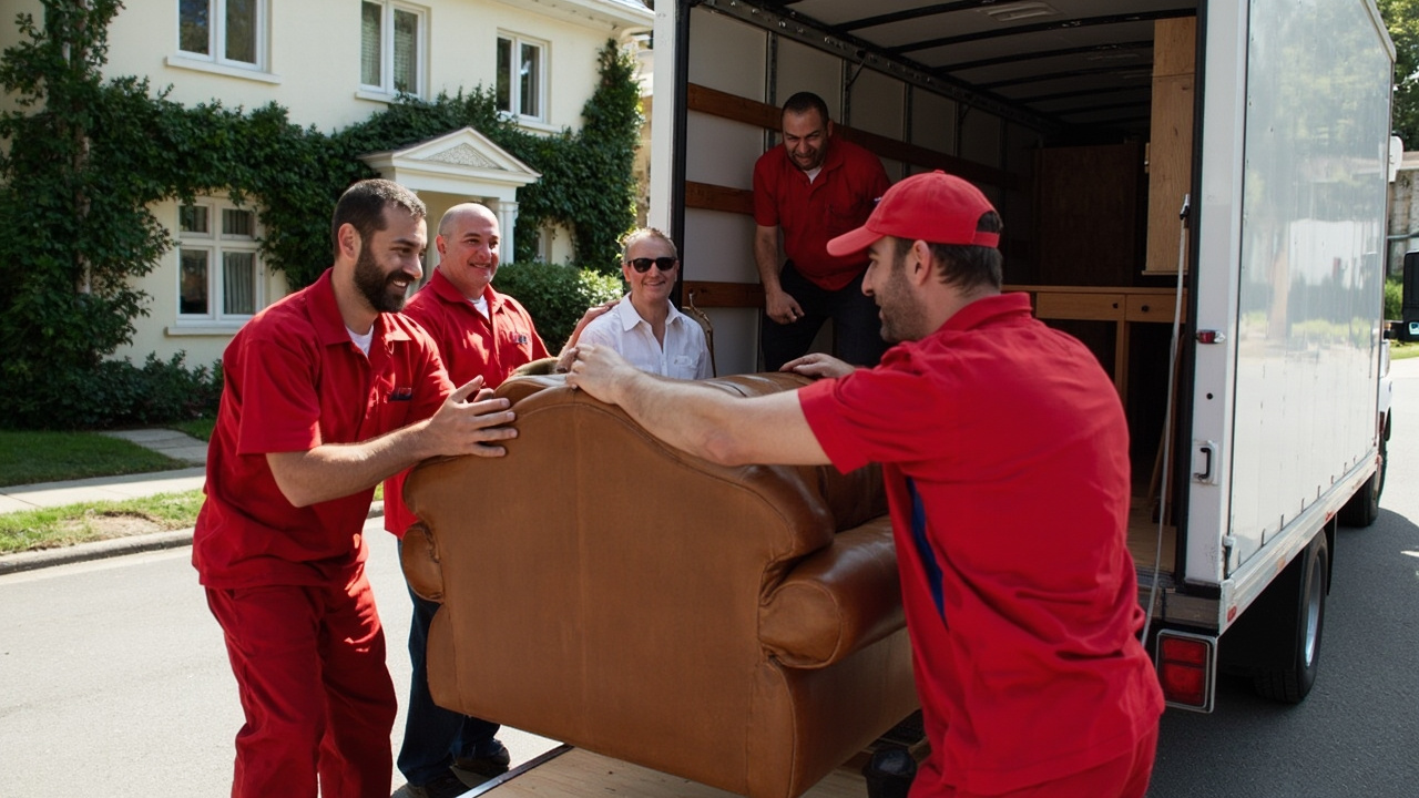 Eine Gruppe Männer trägt ein Sofa in einen Lastwagen.